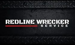 The logo for redline wrecker service is on a black background.