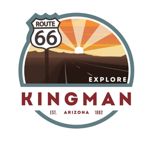Kingman, Arizona Route 66 sign logo with sunset over road.