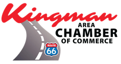 Kingman Area Chamber of Commerce logo with red Kingman text, a road, and Route 66 icon.