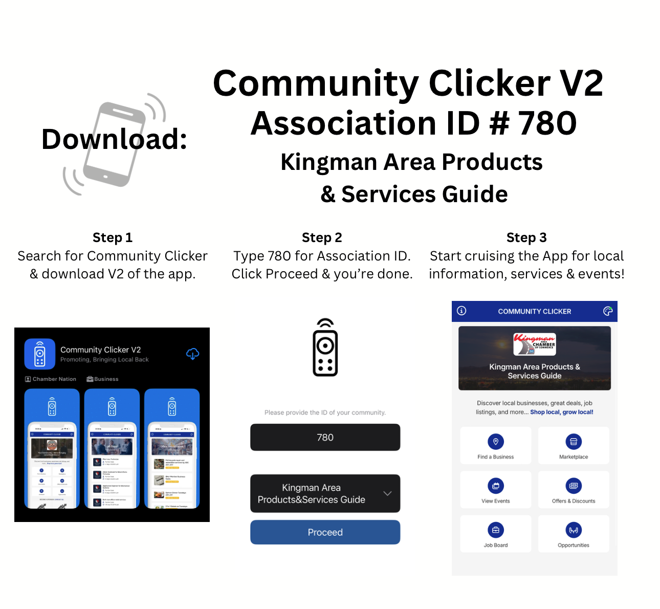 Instructions for downloading the Community Clicker V2 app, Association ID #780. Kingman Area Products & Services Guide.