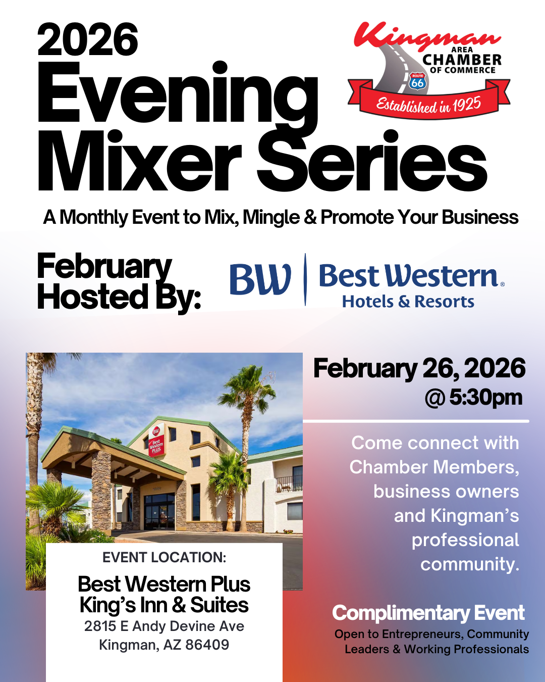 Promotional poster: 2026 Kingman Chamber Evening Mixer Series. Hosted by Best Western. February 26 at 5:30 pm. At King's Inn & Suites.