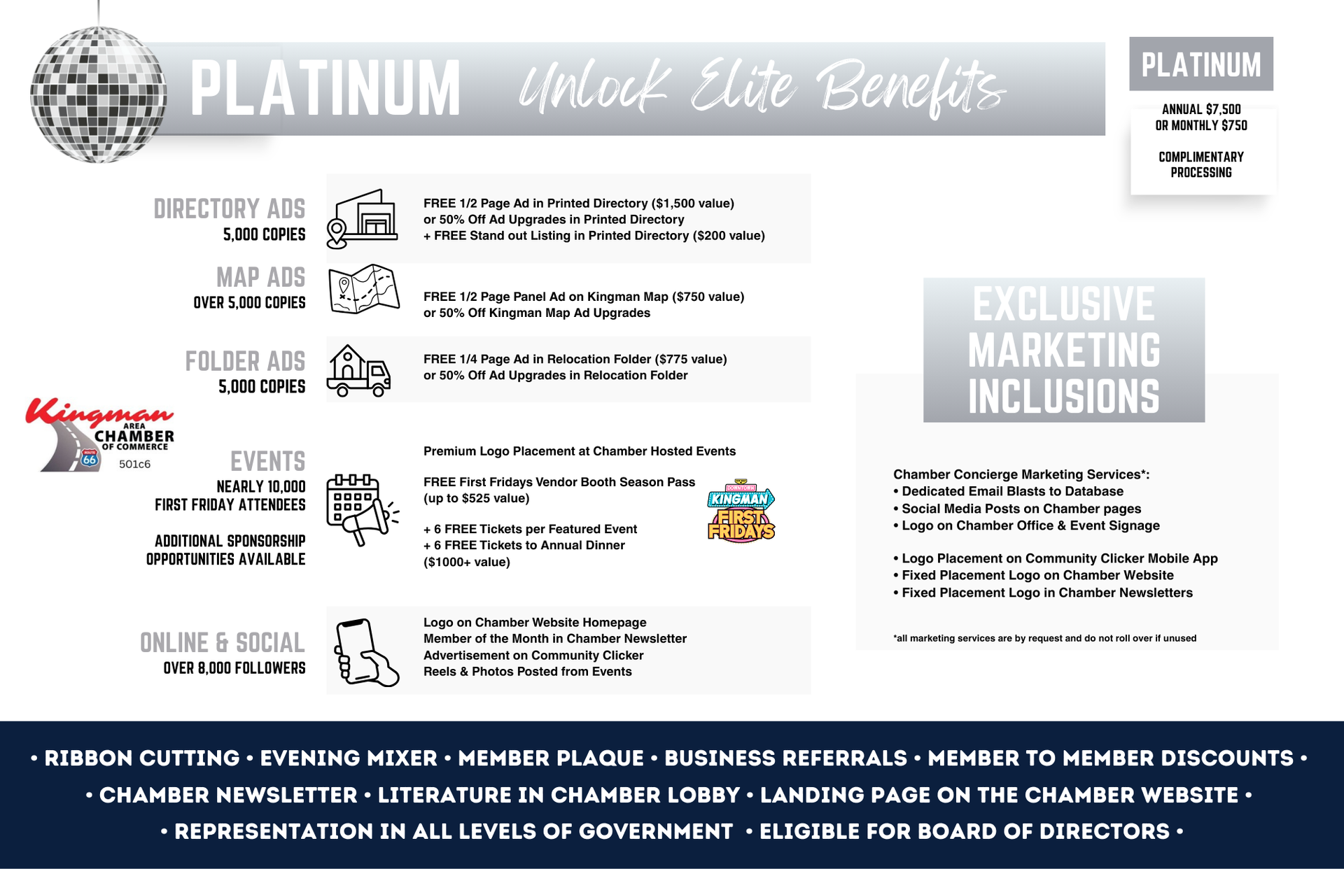 Platinum membership benefits advertisement. Text and icons promote marketing, events, and online exposure.