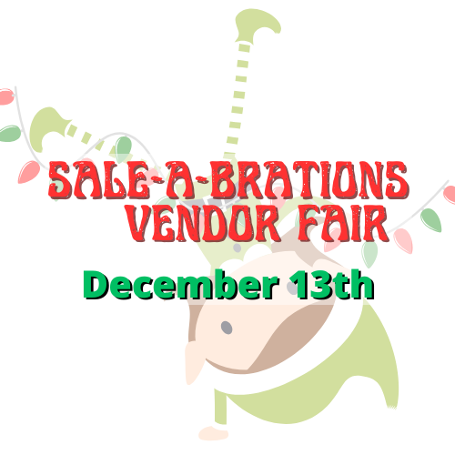 Sale-A-Bration Vendor Fair graphic with elf, Christmas lights, and December 13th date.