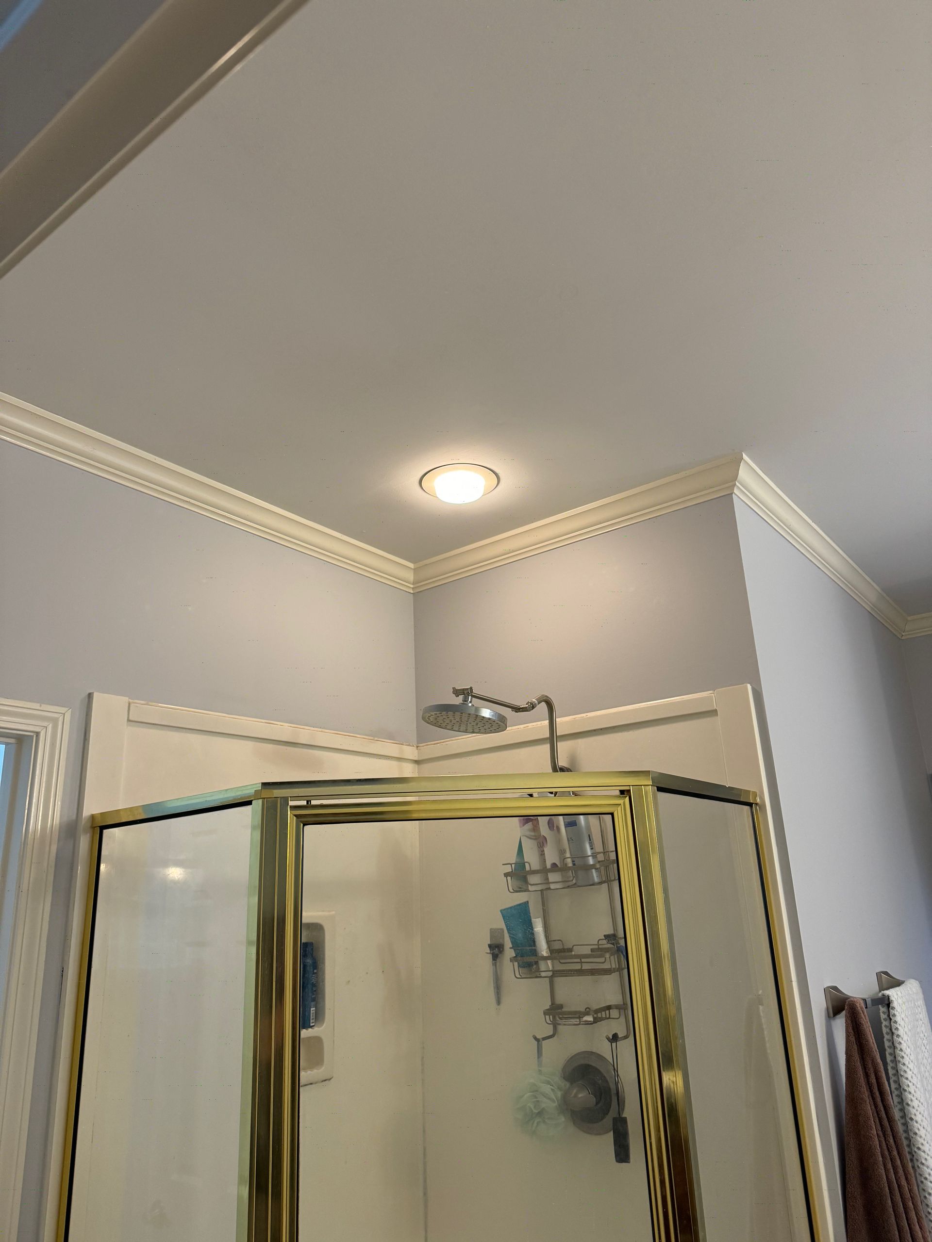 A corner of a bathroom featuring a walk-in shower with gold-toned metal trim, a hanging shower caddy, and crown molding.