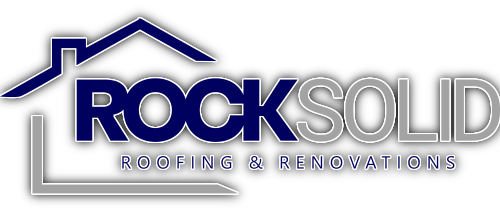 Logo for Rock Solid Roofing & Renovations featuring blue and grey text inside a stylized house outline.