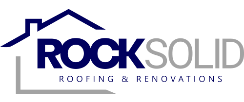 Logo for Rock Solid Roofing & Renovations featuring blue and grey text inside a stylized house outline.