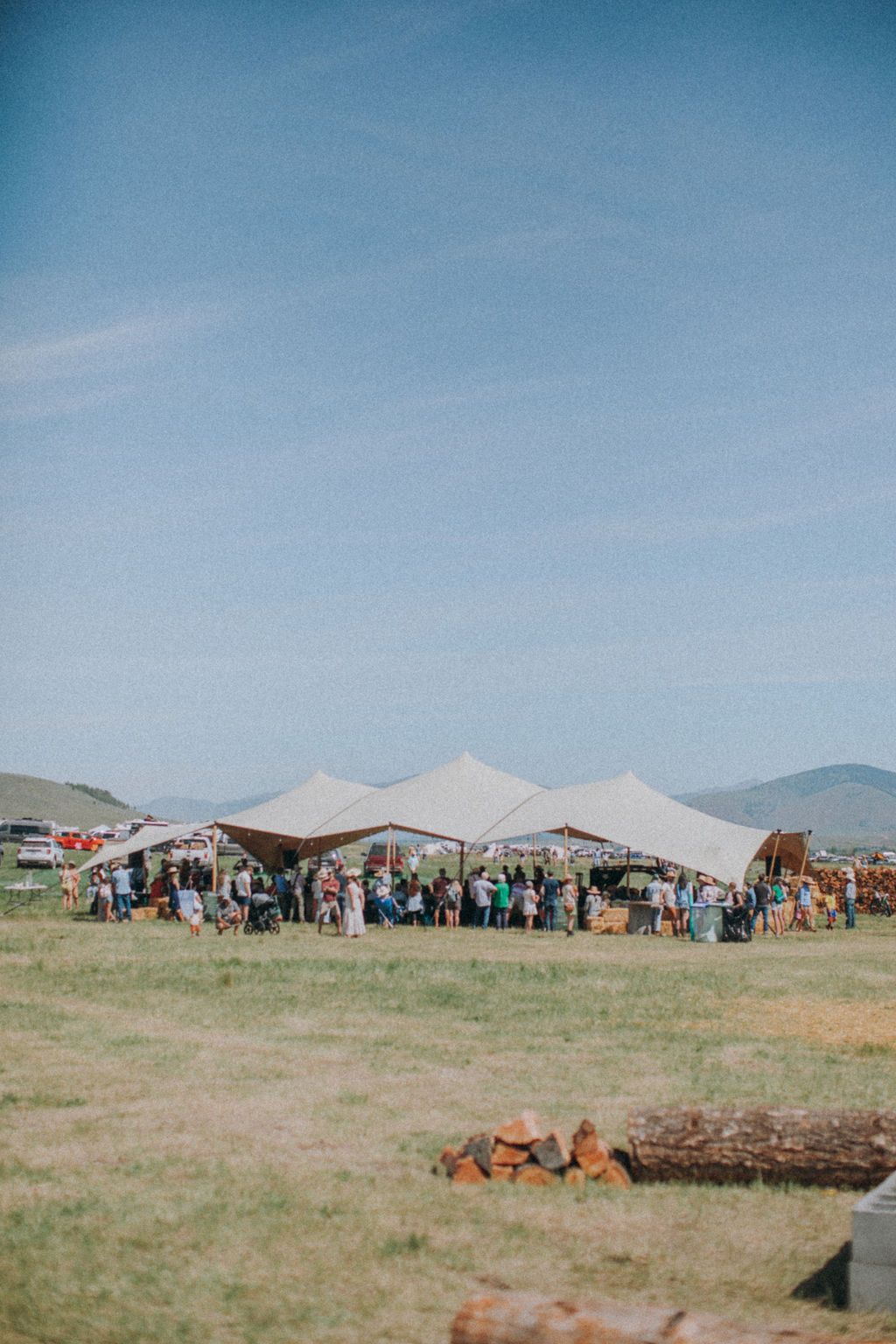 A group of people are standing under tents in a field.