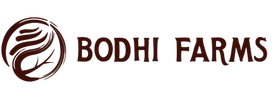 A logo for bodhi farms with a leaf in a circle.