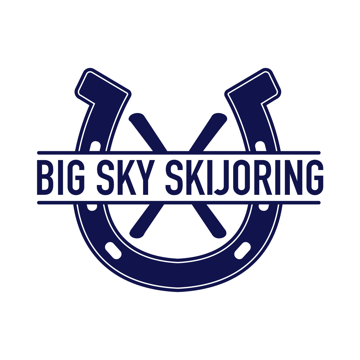 The logo for big sky skijoring is a horseshoe with a cross in the middle.