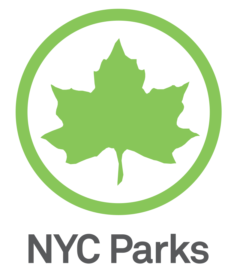 The logo for nyc parks has a maple leaf in a green circle.