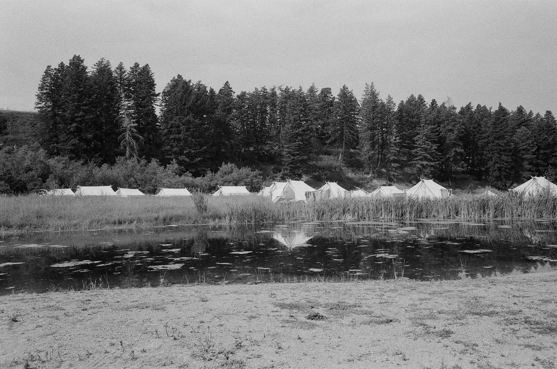 A black and white photo of a lake with trees in the background