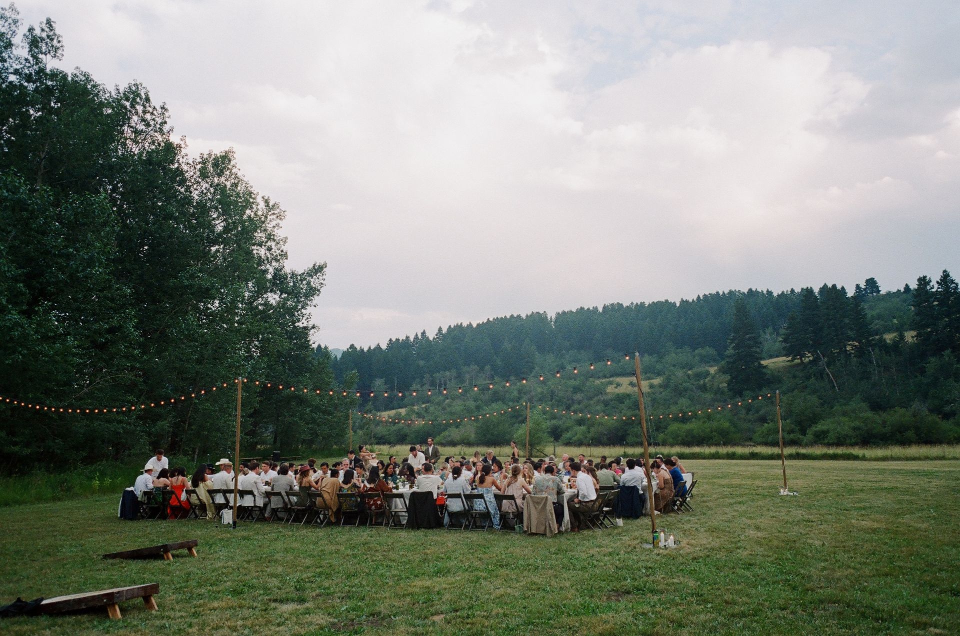 A large group of people are sitting at tables in a field