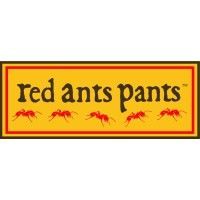 The logo for red ants pants is a yellow sign with red ants on it.