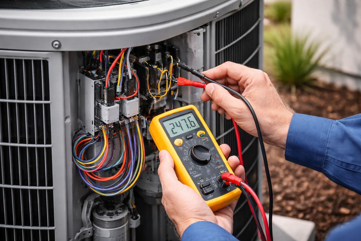 A technician uses a yellow multimeter to test the electrical wiring inside an outdoor air conditioning unit.