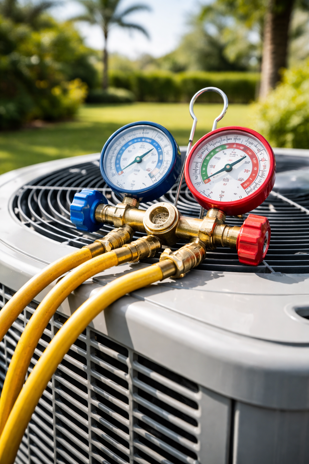 An HVAC manifold gauge set with yellow hoses sits on top of an outdoor central air conditioning unit.