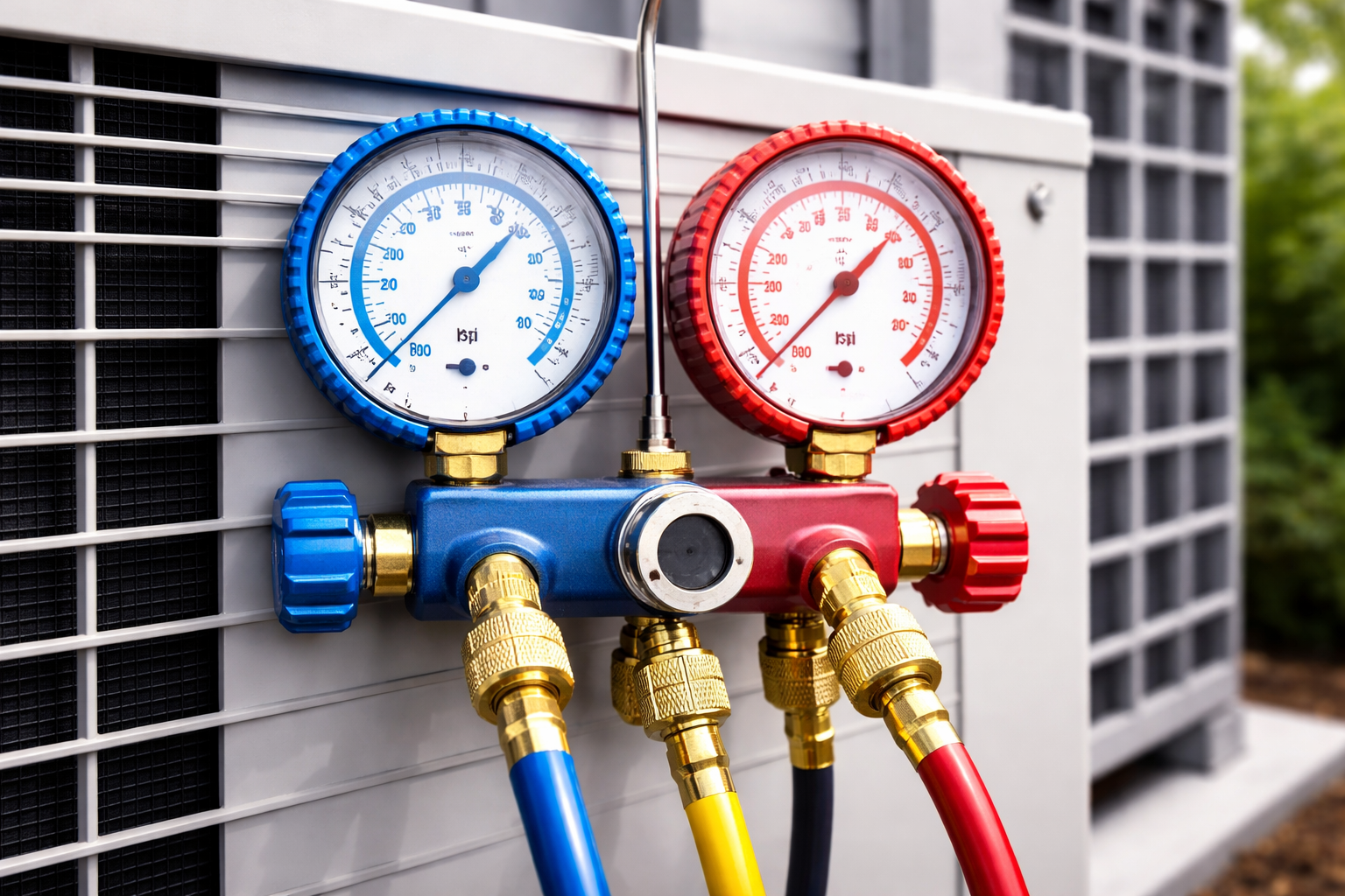 HVAC manifold gauge set with red and blue pressure dials connected by hoses, resting on an outdoor air conditioning unit.