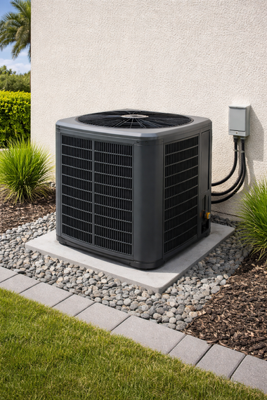 A dark gray air conditioning unit sits on a concrete pad surrounded by rocks and a manicured lawn next to a beige house.