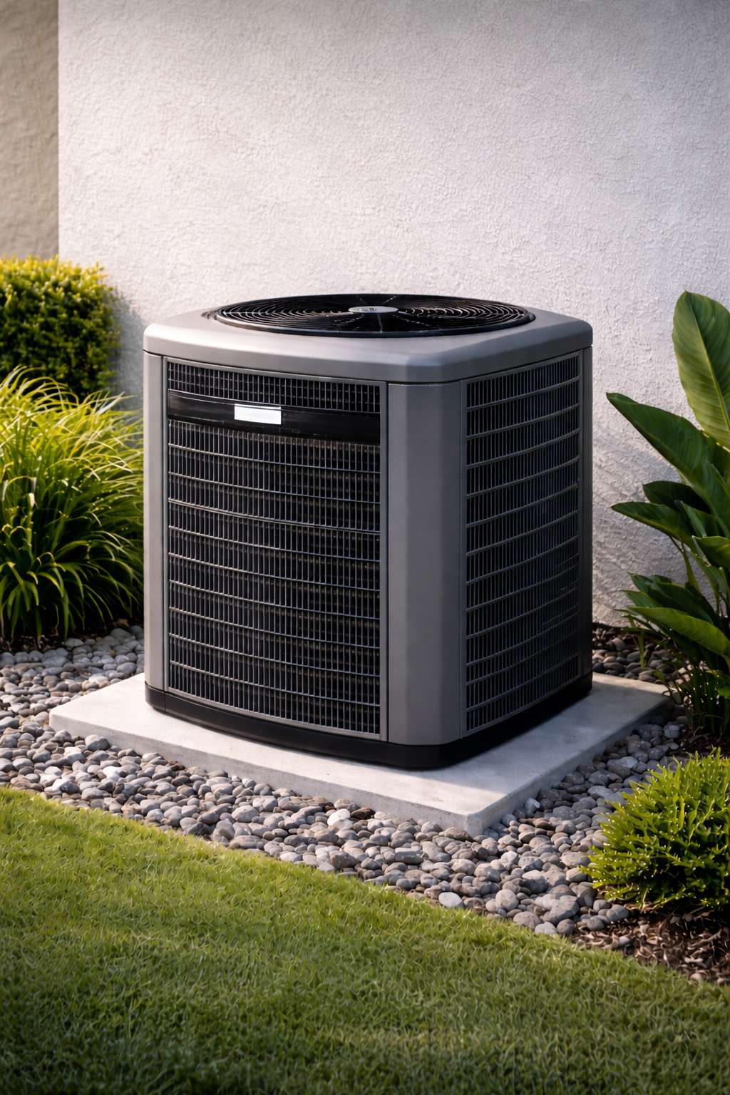 A gray residential outdoor air conditioning unit sits on a concrete pad surrounded by gravel and green landscaping.