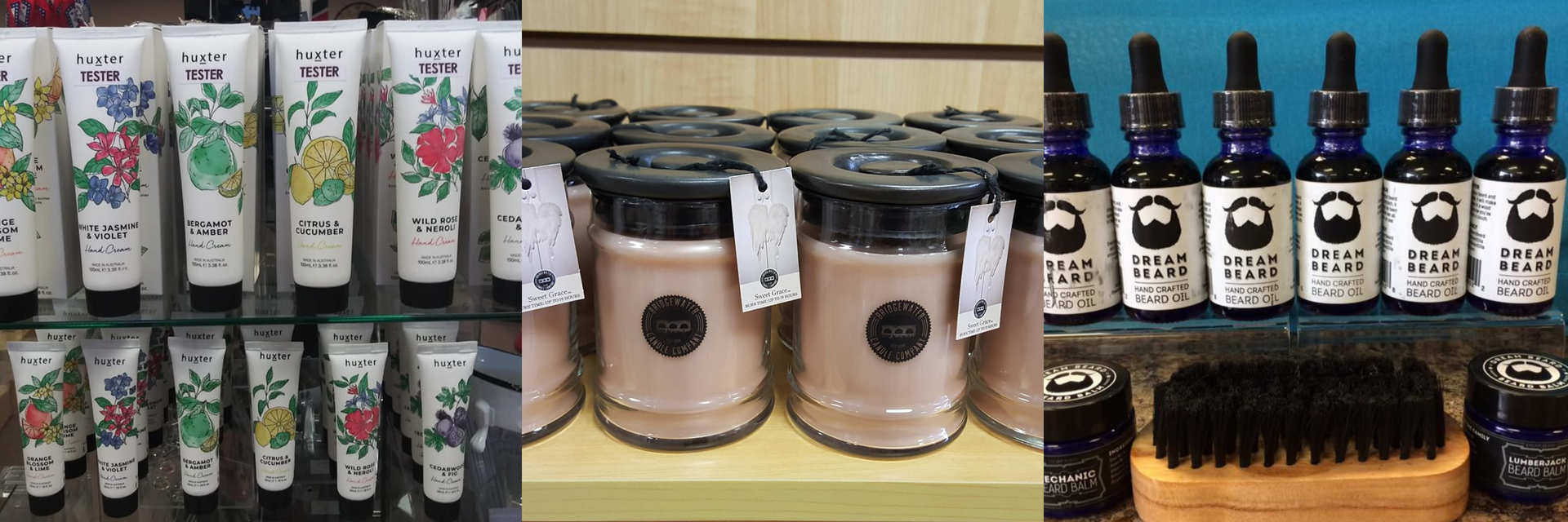 gift store collage of candles and hand creams