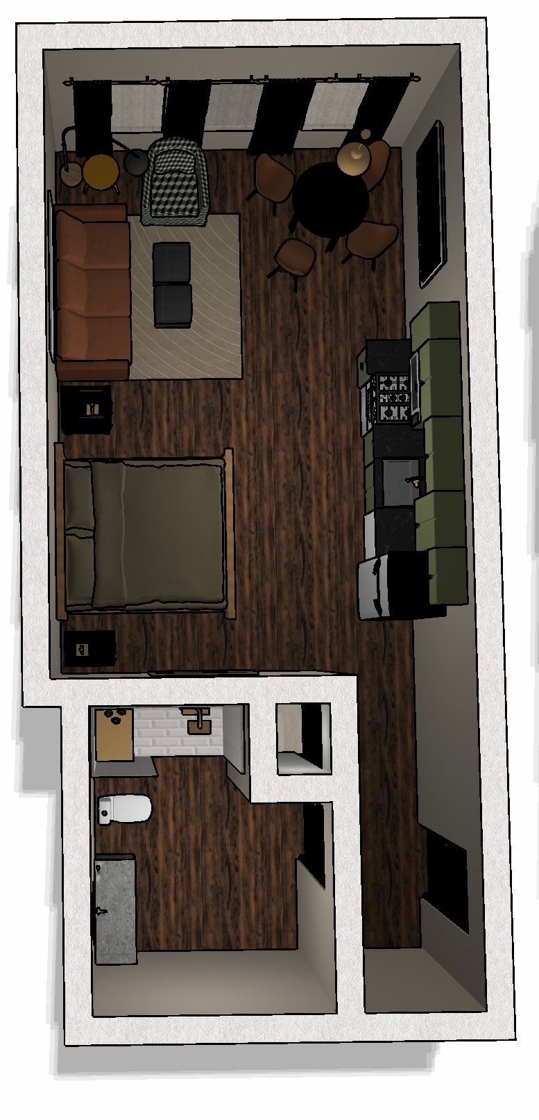 An aerial view of a floor plan of a small apartment.
