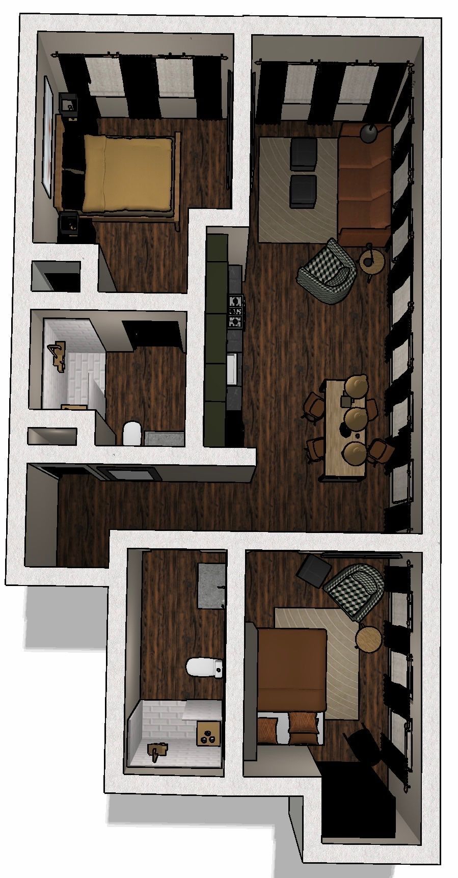A floor plan of a house with a bedroom , living room , dining room , and bathroom.