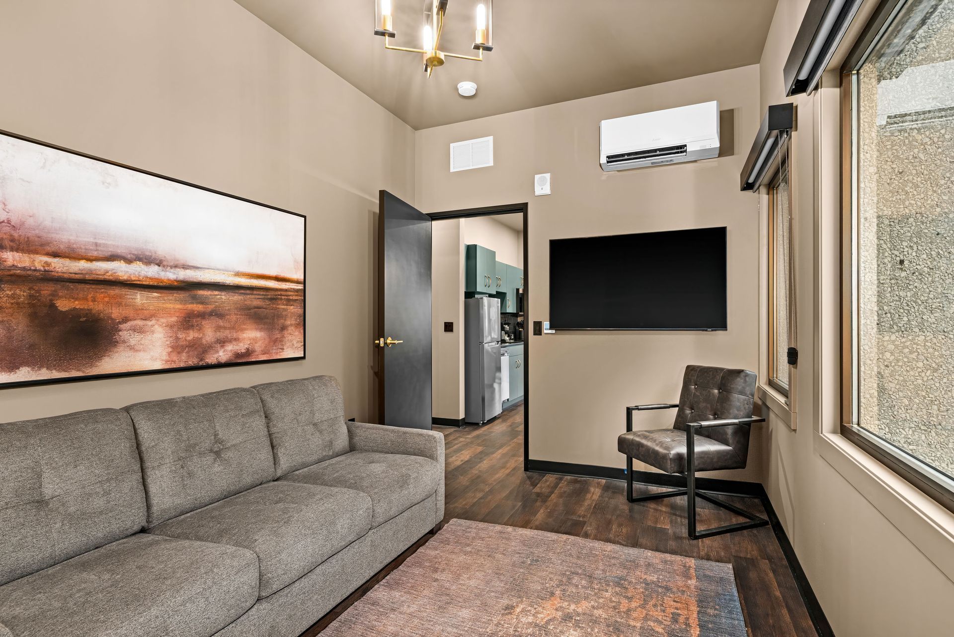An aerial view of a floor plan of a small apartment.