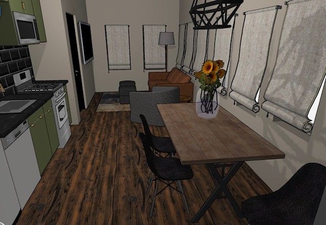 A computer generated image of a living room with a table and chairs
