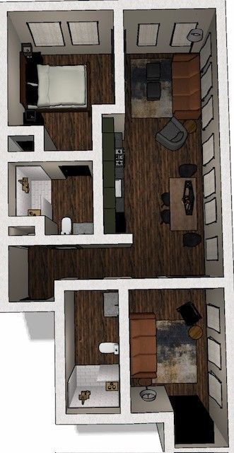 A floor plan of a house with a bedroom , living room , dining room , and bathroom.
