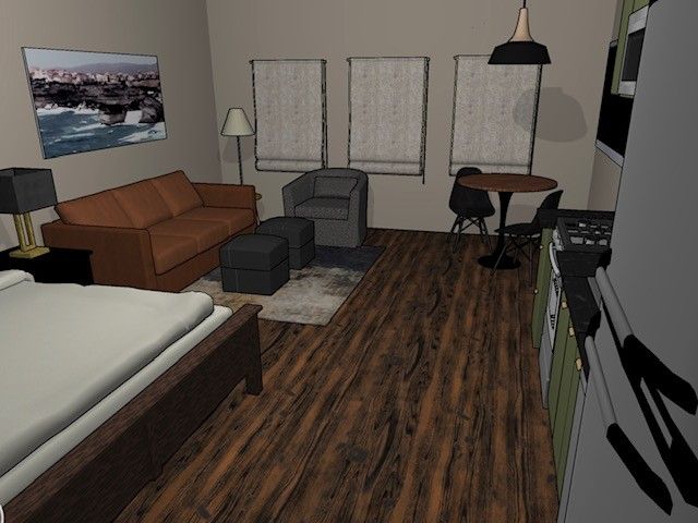 A 3d rendering of a bedroom with a couch and chairs