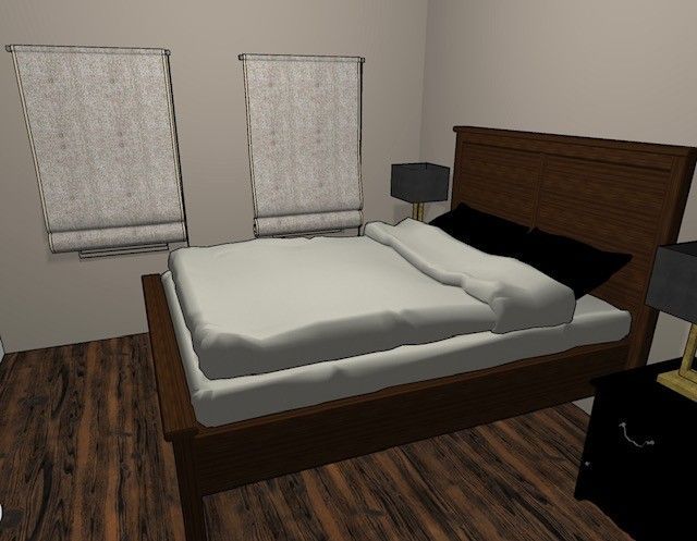 A bedroom with a bed , dresser , and two windows.