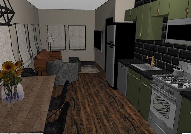 A computer generated image of a kitchen and living room.