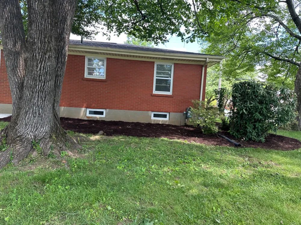 A red brick house with a large tree in front of it.