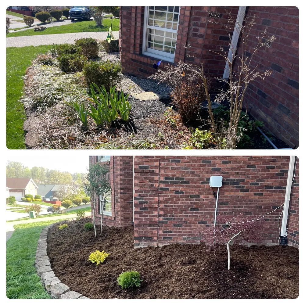 A before and after picture of a garden in front of a brick house