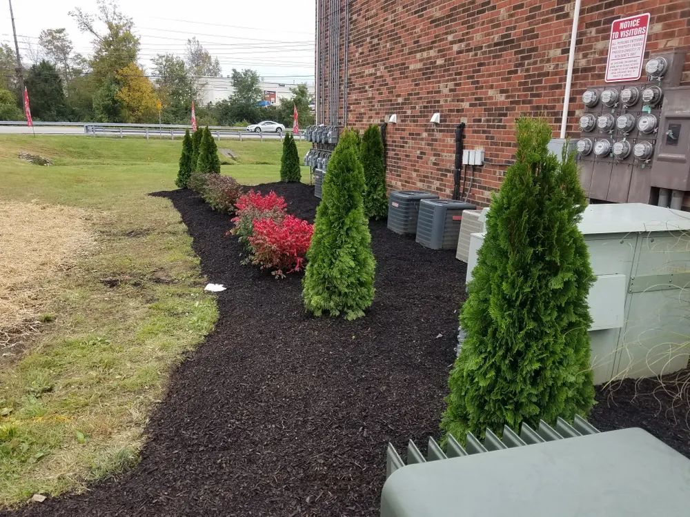 A brick building with a lot of trees in front of it