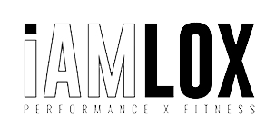 Logo for iAmLOX, performance and fitness. White outlined letters "iAM" and black letters "LOX".