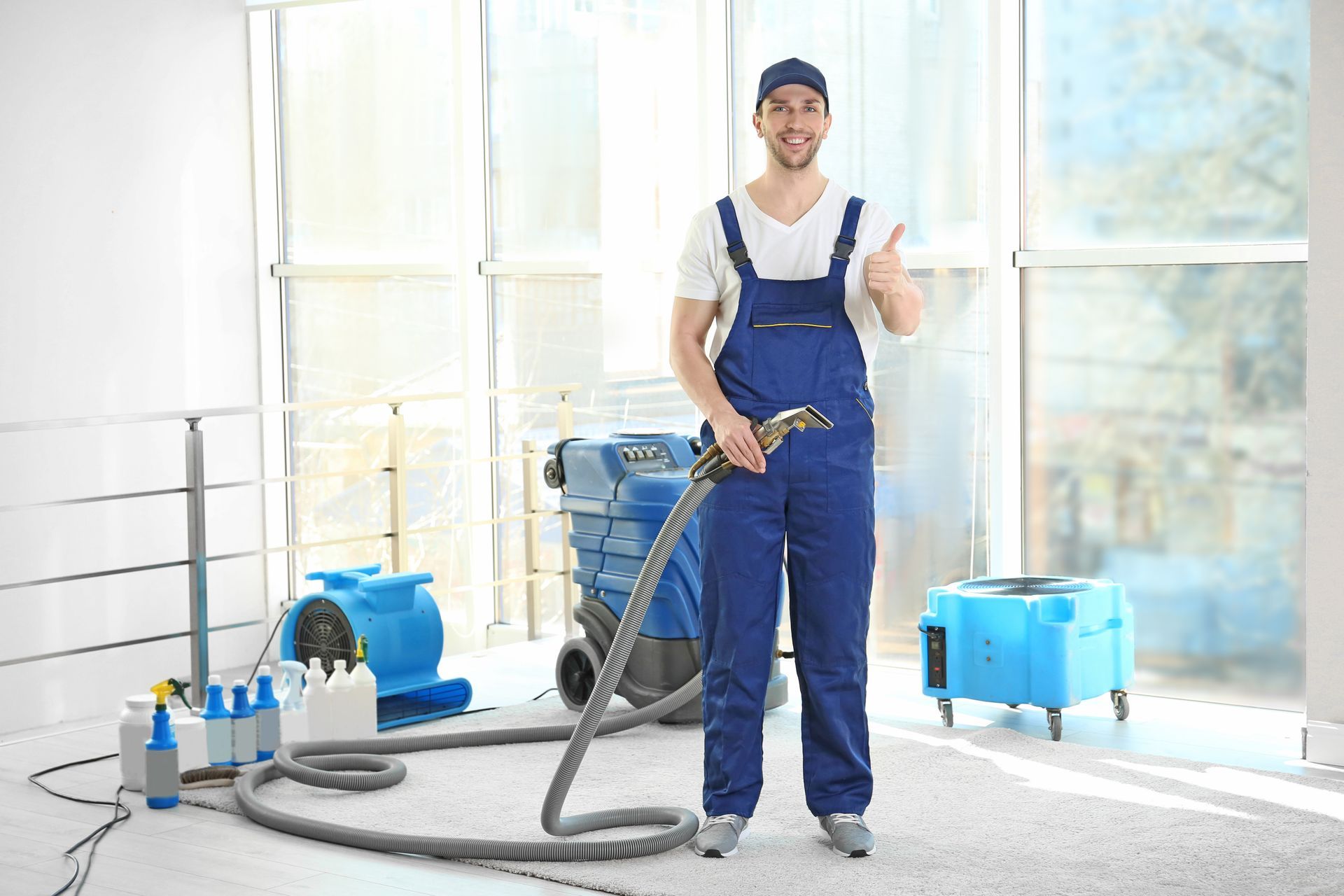 Man in blue overalls gives thumbs-up, holding hose in room with cleaning equipment.