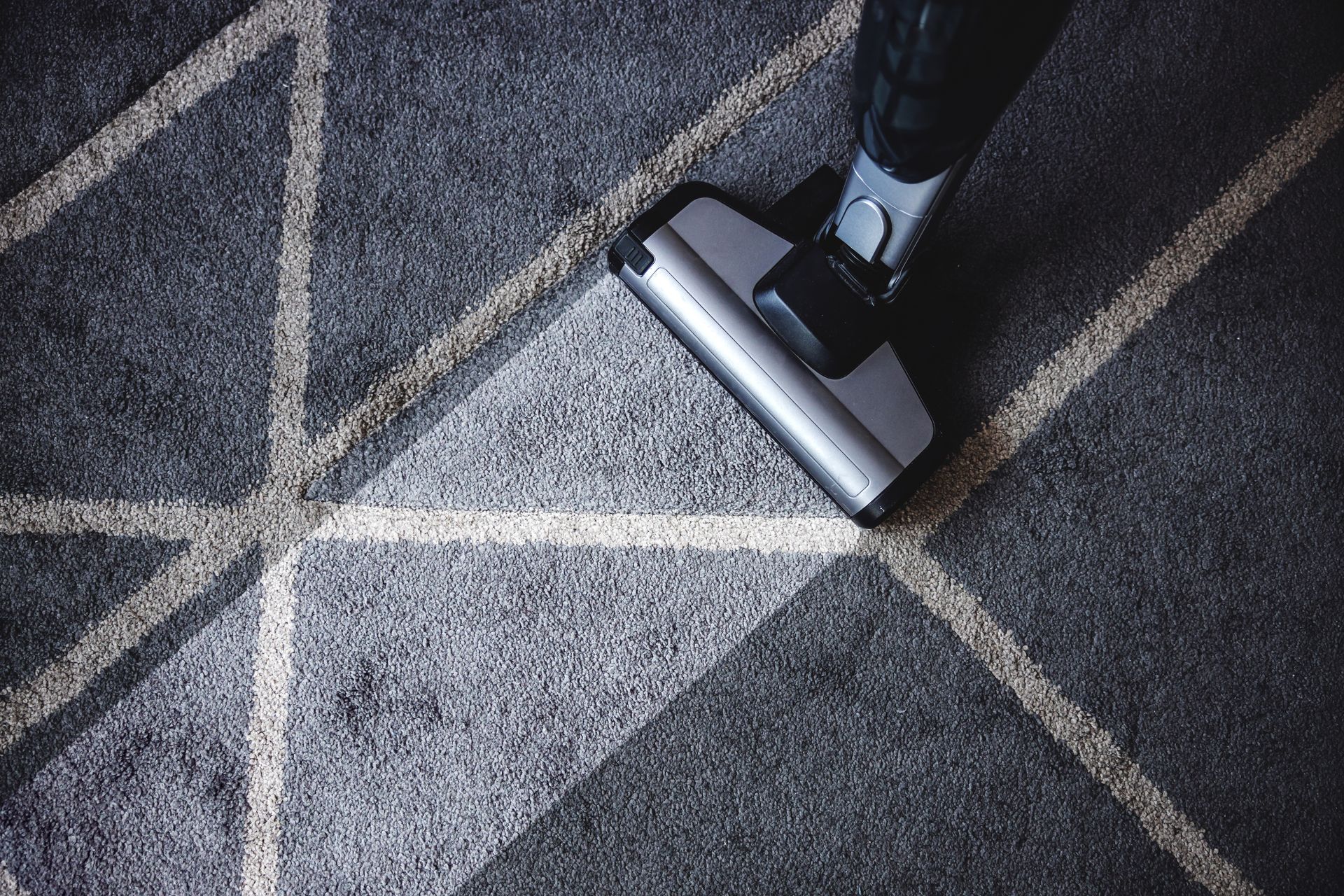 Vacuum cleaner head on gray patterned carpet.
