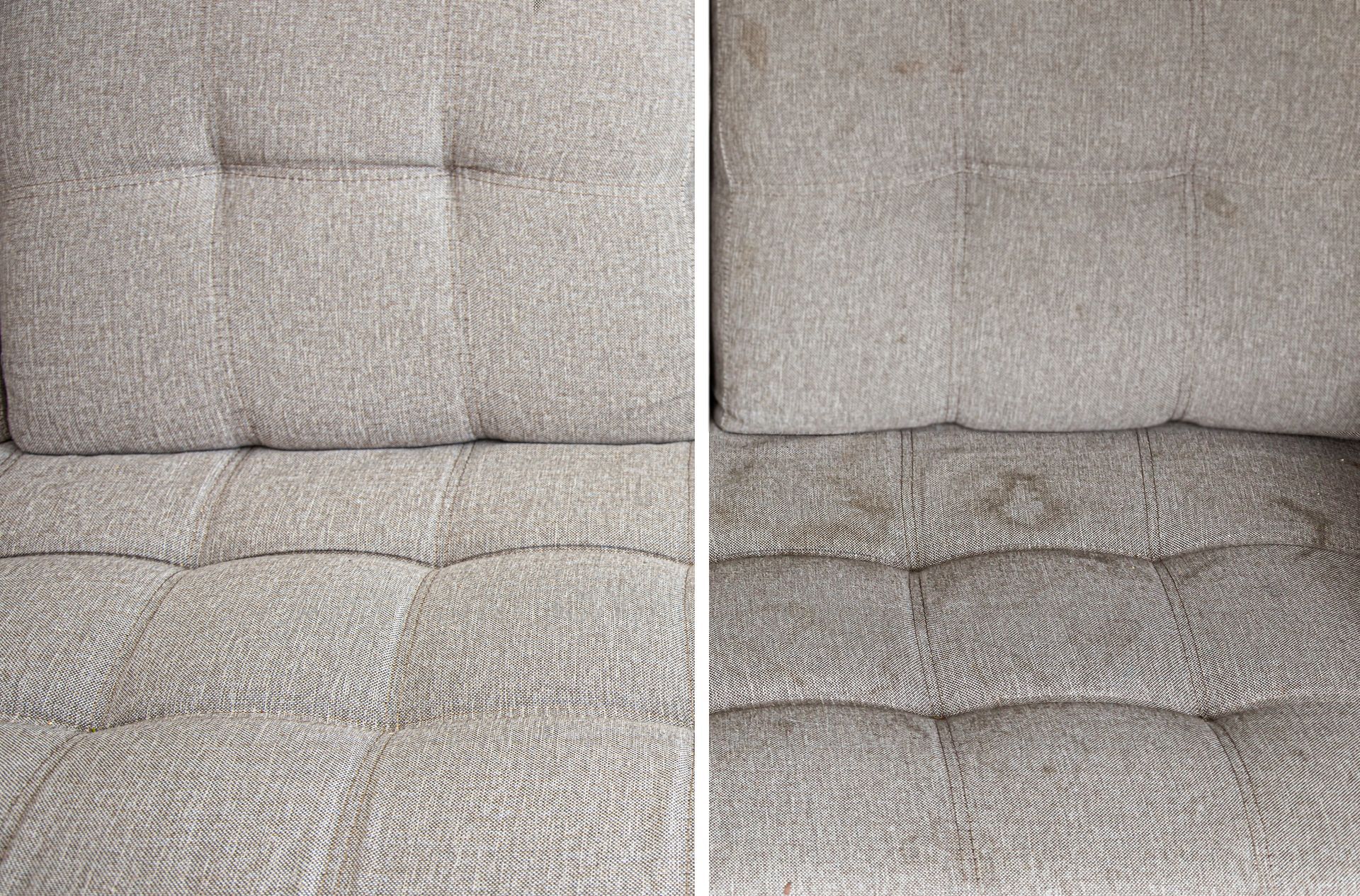 Comparison of a clean upholstered couch section (left) and the same section stained with dirt (right).