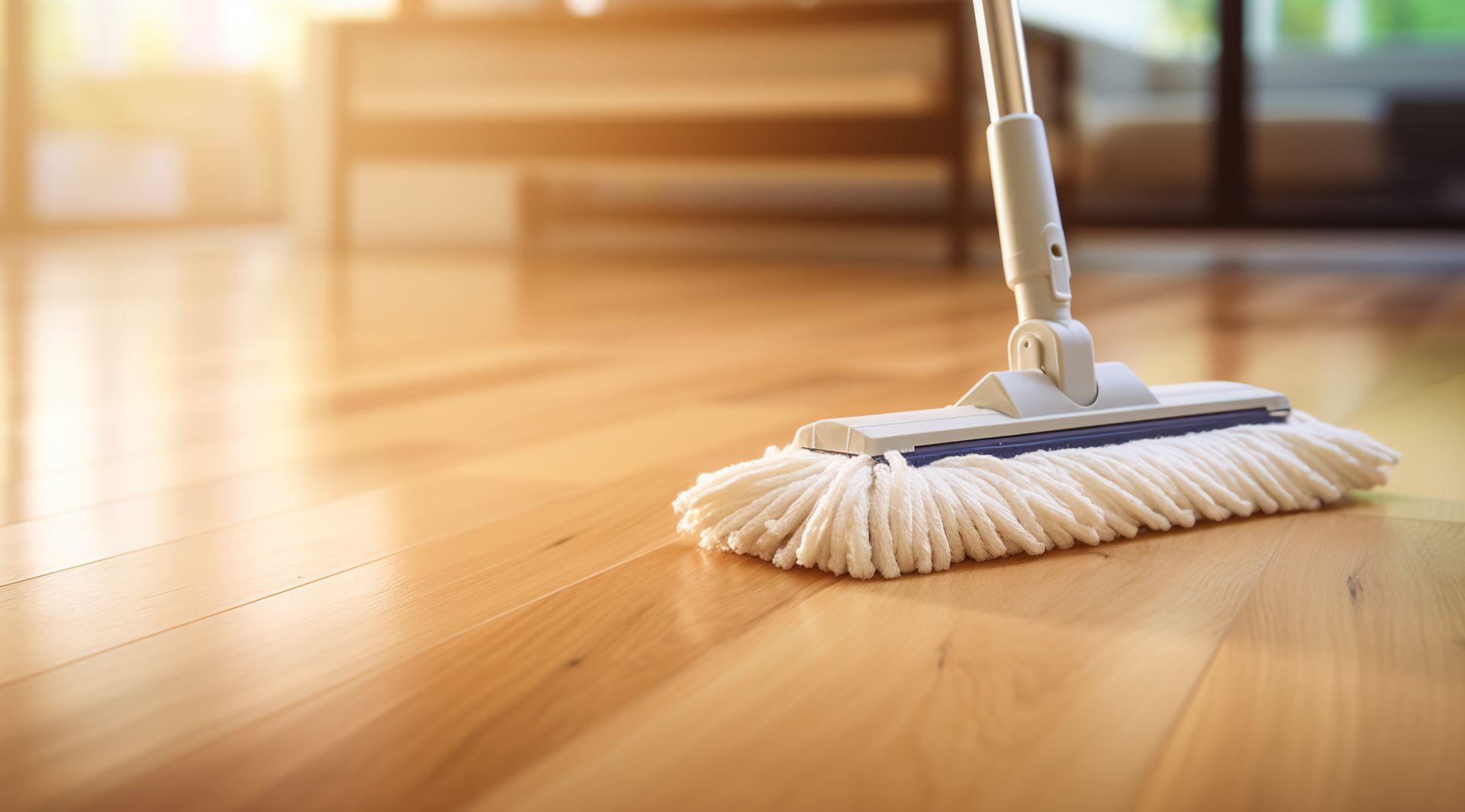 Mop cleaning a shiny wooden floor in a sunlit room.