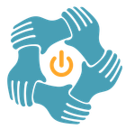 Teal hands forming a circle around an orange power button.