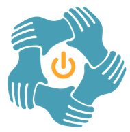 Teal hands forming a circle around an orange power button.