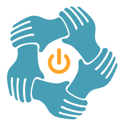 Teal hands forming a circle around an orange power button.