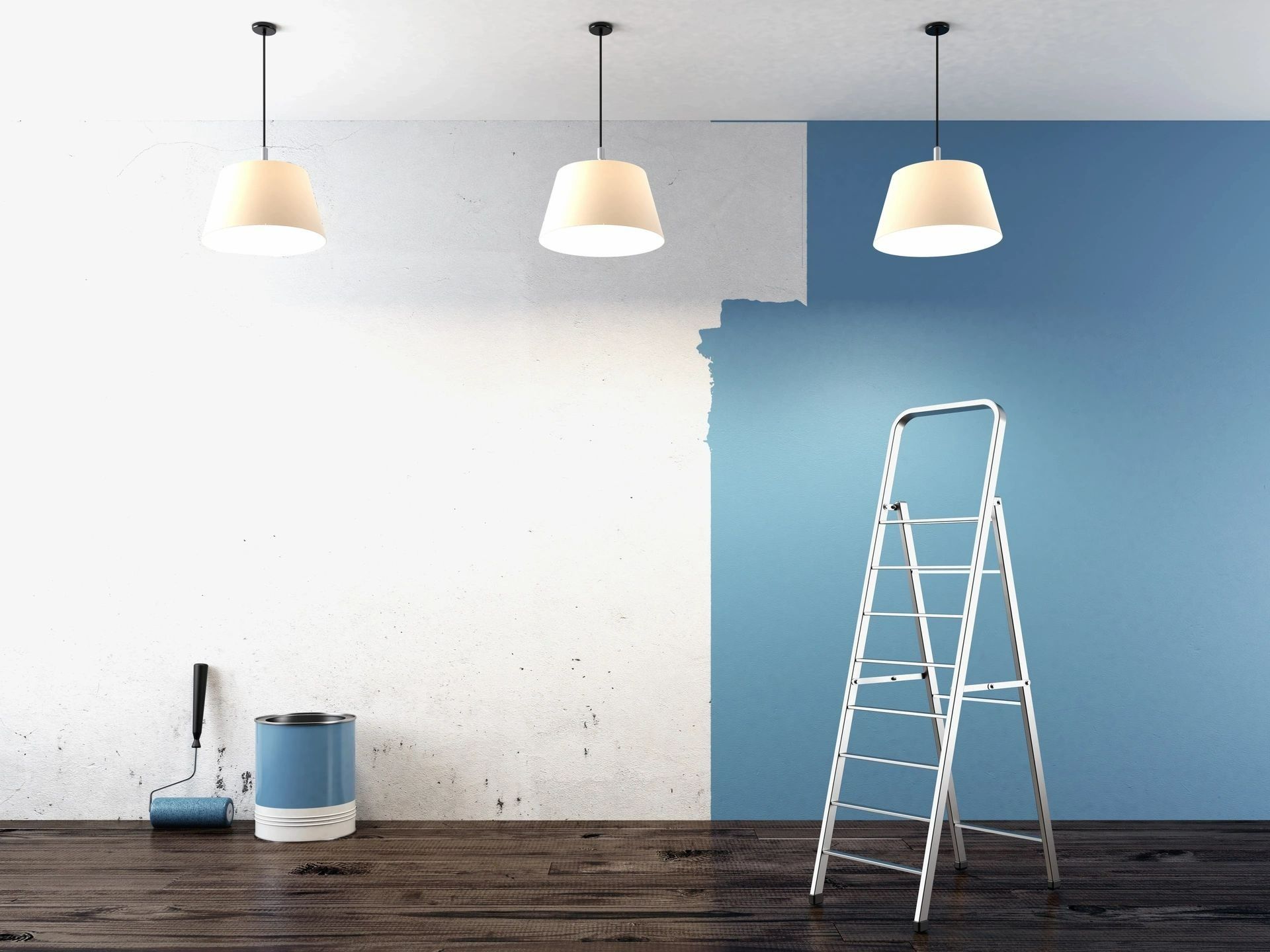 A white wall partially painted blue, with a stepladder, a paint roller, and a paint can on a dark wooden floor.