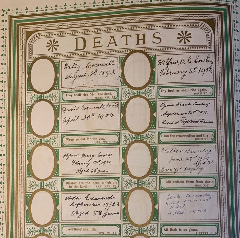 A page of death entries in the Cowling family Bible