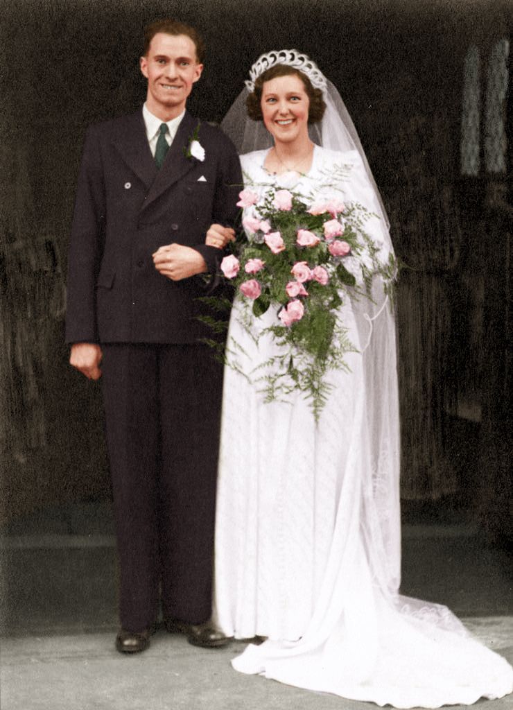 Lawrence Young and Joyce Winifred Cowling, marriage, 1941 (colourised)