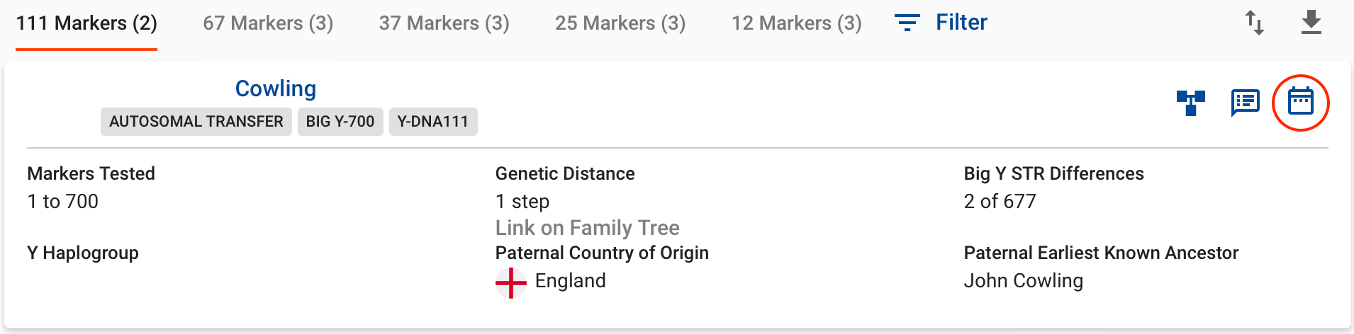 Example Y-DNA match - Genetic Distance of 1 at 111 markers (FTDNA)