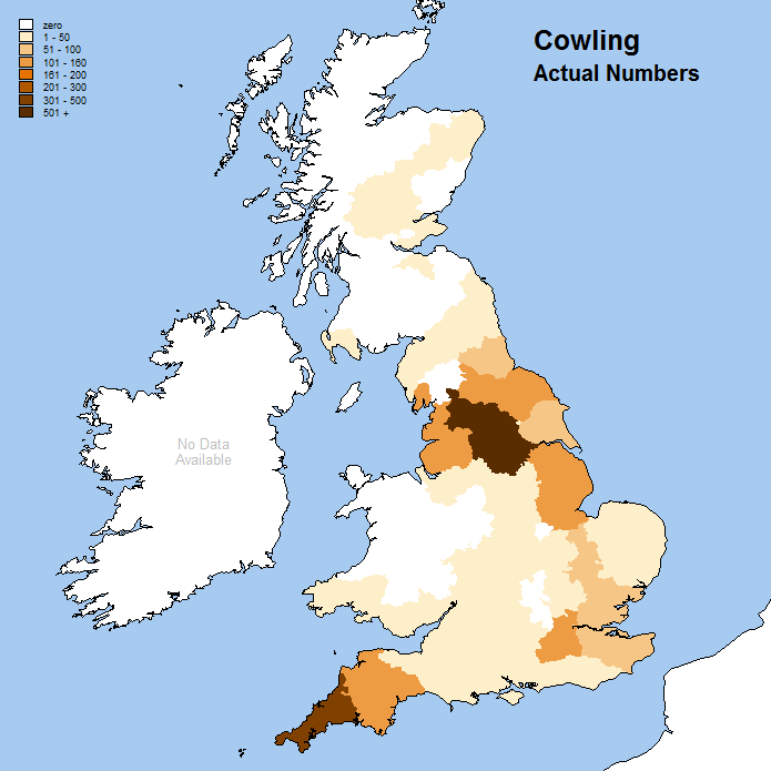 Surname distribution for Cowling based on 1881 census data (Archer Software)