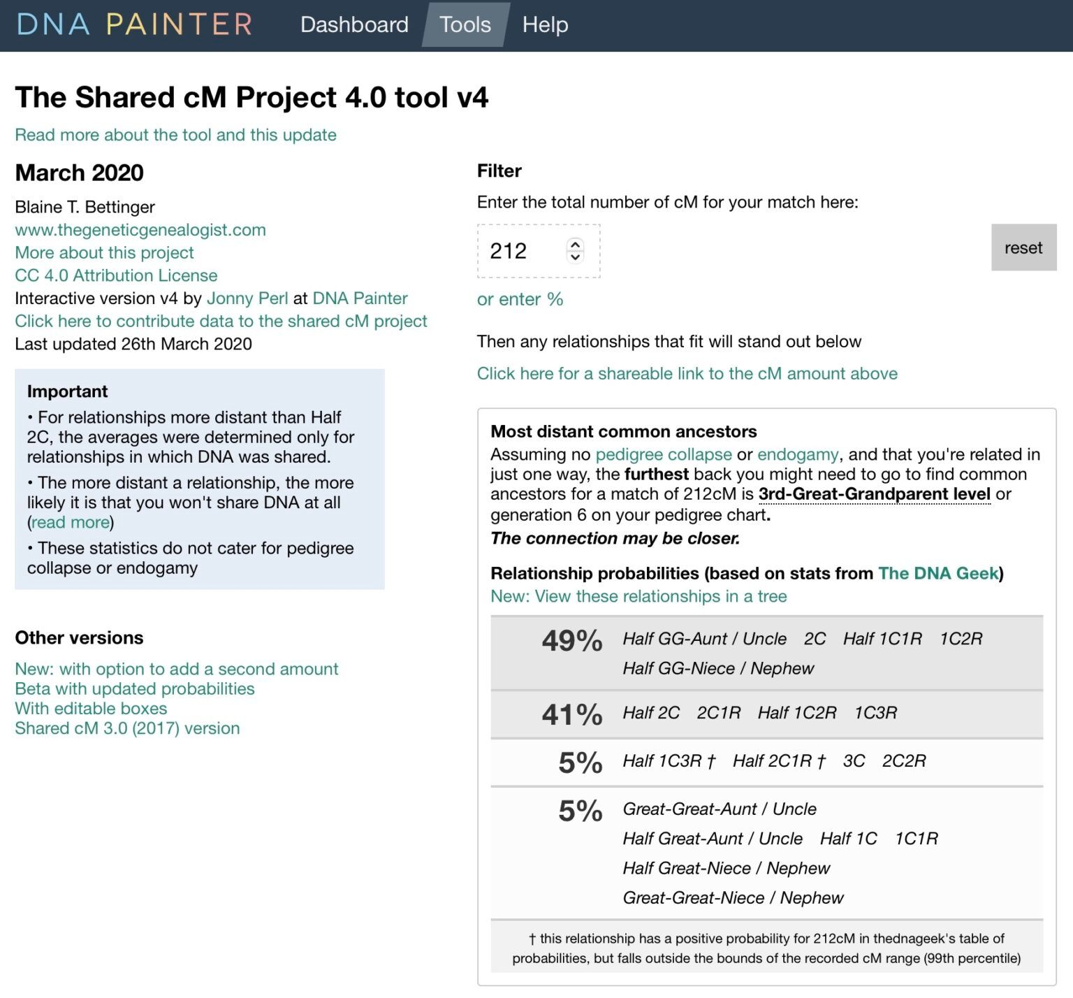 Shared cM Tool showing options for a match of 212cM