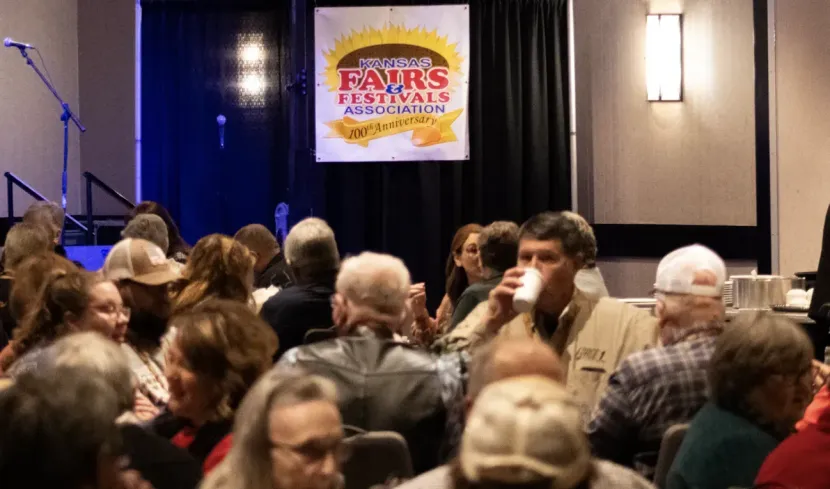 People seated at tables in a conference room with a banner that reads "FAIR'S FESTIVALS ASSOCIATION".