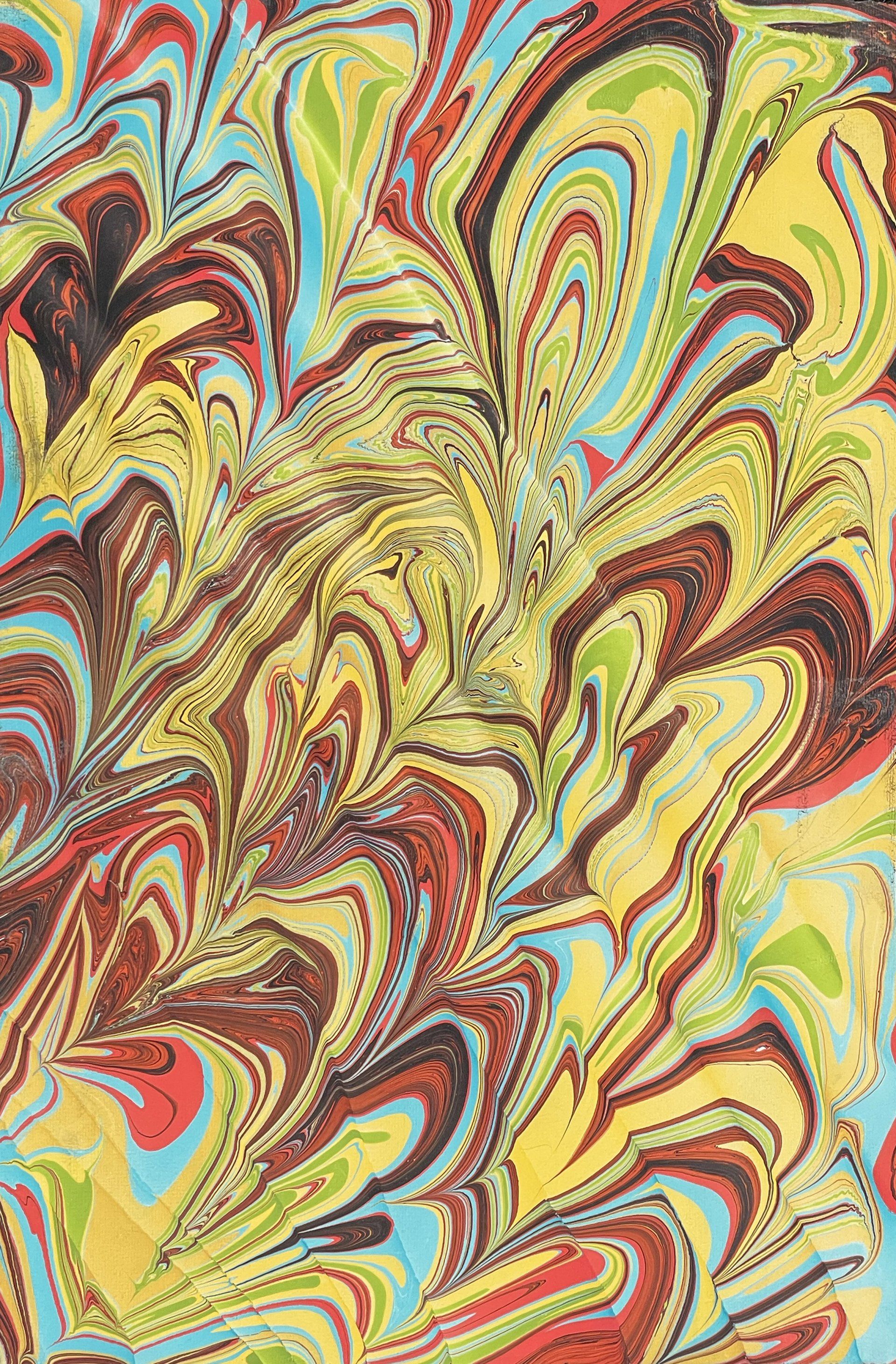 Yellow and red arching designs in a rippling marbled artwork.